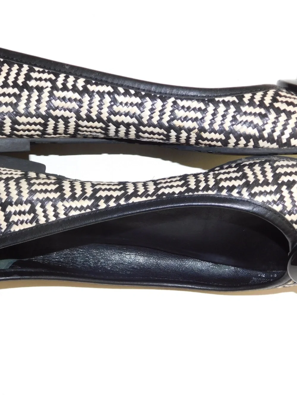 Tory Burch Black and Cream Woven Logo Ballet Flats